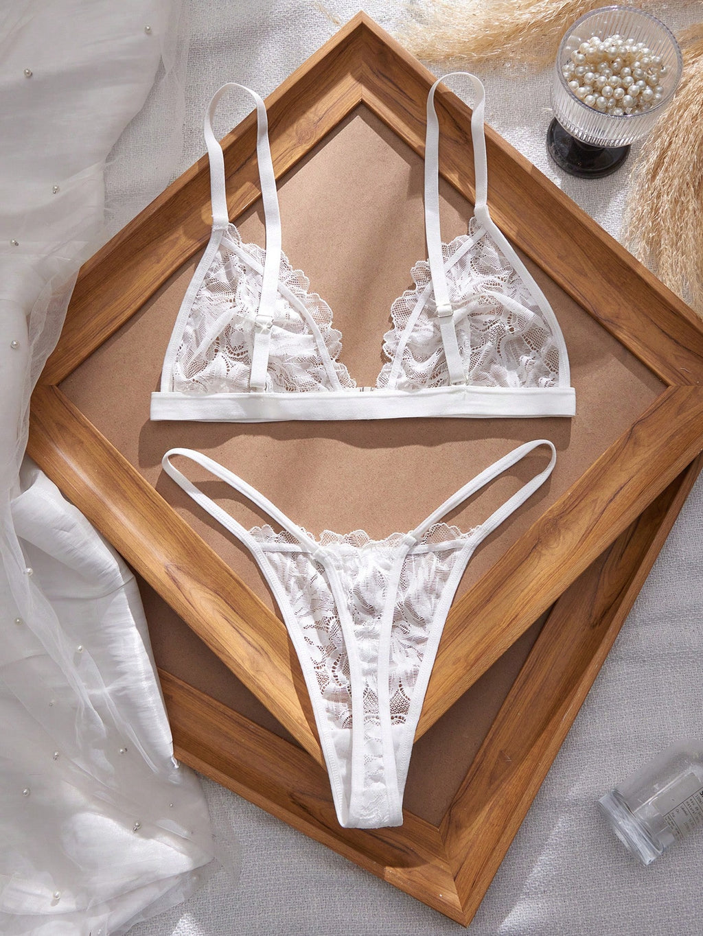 Crystal Vow 2 Piece Sexy Lace Lingerie Set Front Closure Bra and Panty Sheer Patchwork for Women