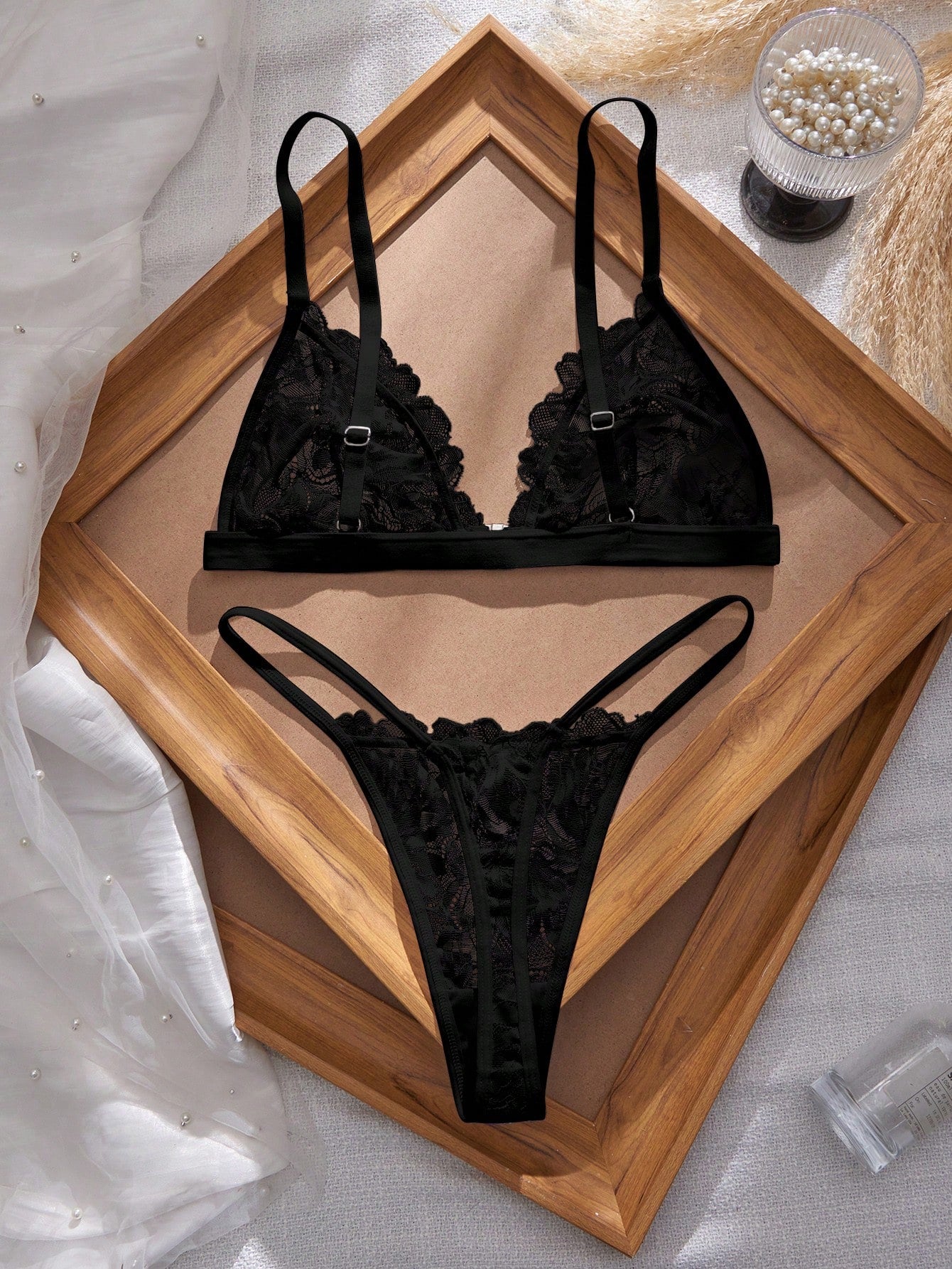 Crystal Vow 2 Piece Sexy Lace Lingerie Set Front Closure Bra and Panty Sheer Patchwork for Women