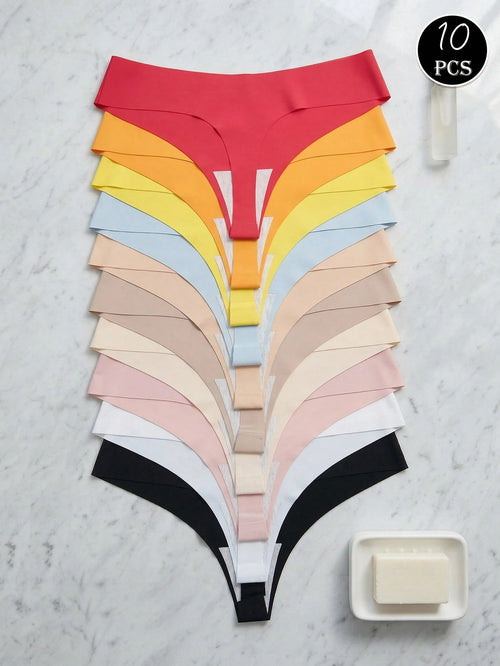 10-Pack Seamless Thong Panties | Low-Rise Stretch Nylon Blend | Maillard Tone Minimalist Colors