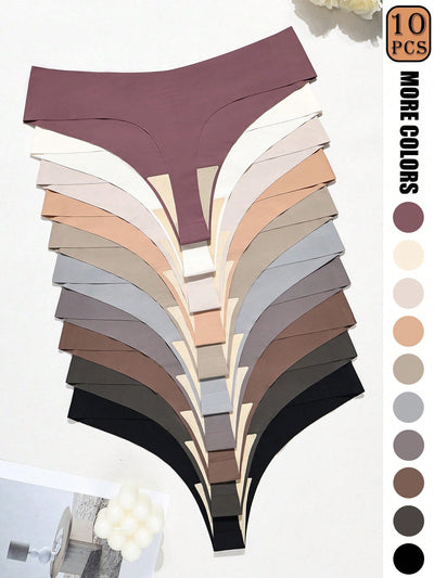 10-Pack Seamless Thong Panties | Low-Rise Stretch Nylon Blend | Maillard Tone Minimalist Colors