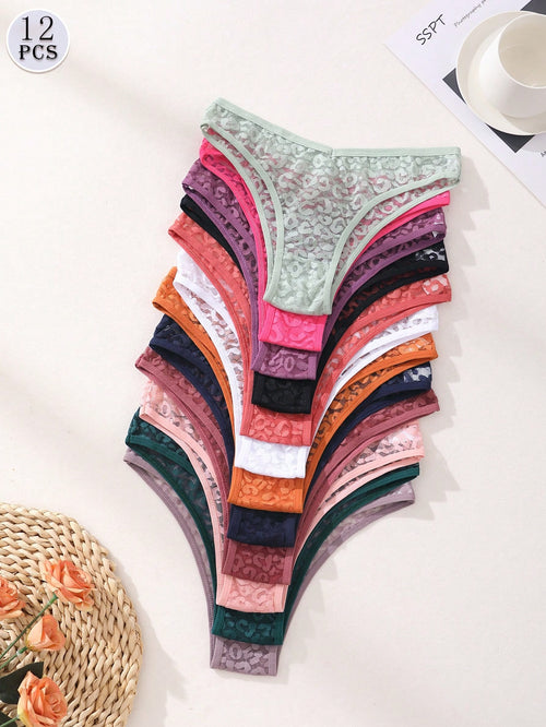 12-Pack Lace Bikini Panties | V-Waist Seamless Leopard Print | Breathable Sexy Comfort Underwear