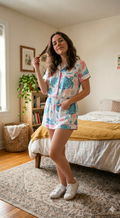 Turtle & Sea Element Print Pajama Set – Short Sleeve Lapel Button-Up & Shorts