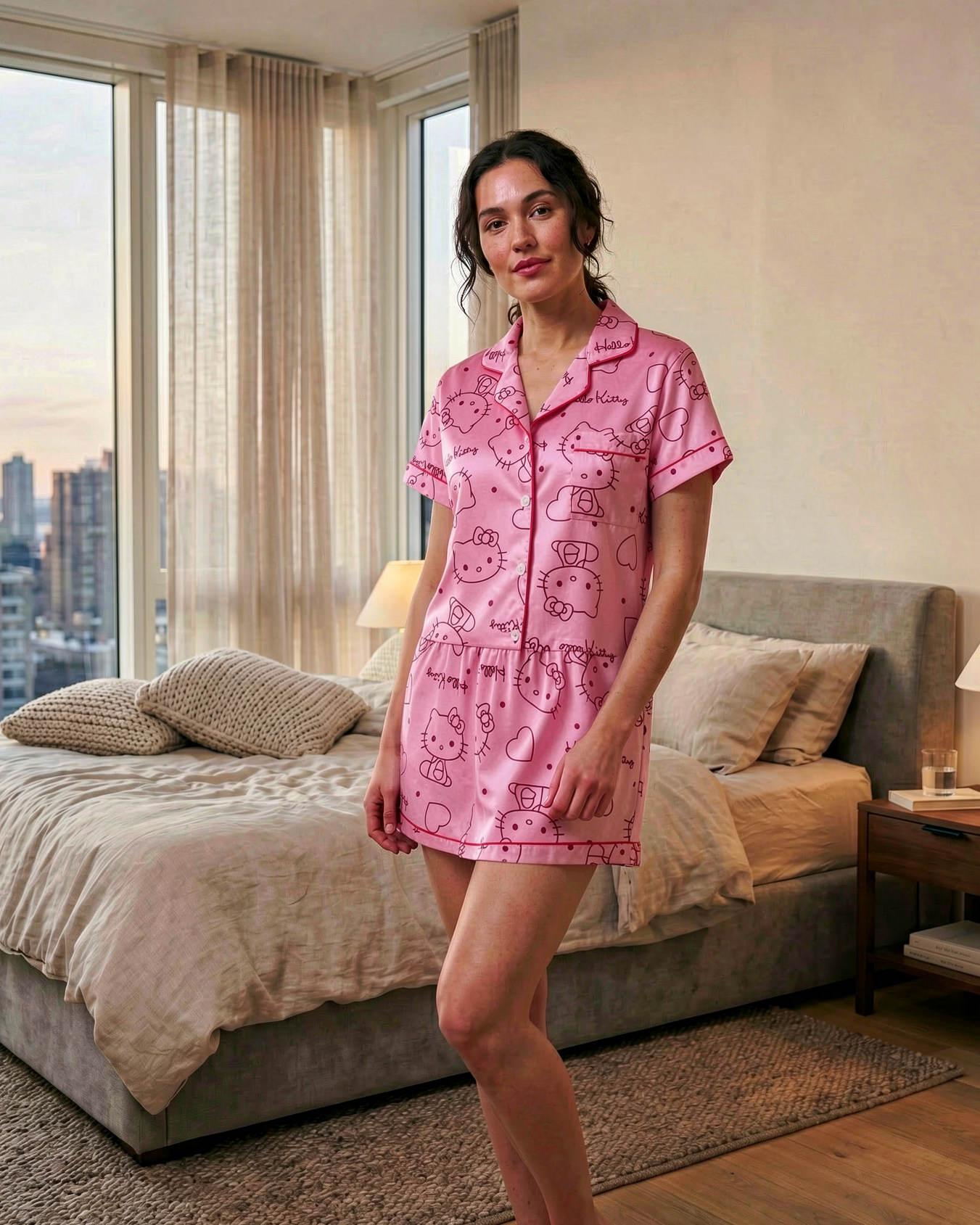 Sweet Kitty Satin Pajama Set – 2-Piece Lapel Button-Up & Bow Detail Shorts