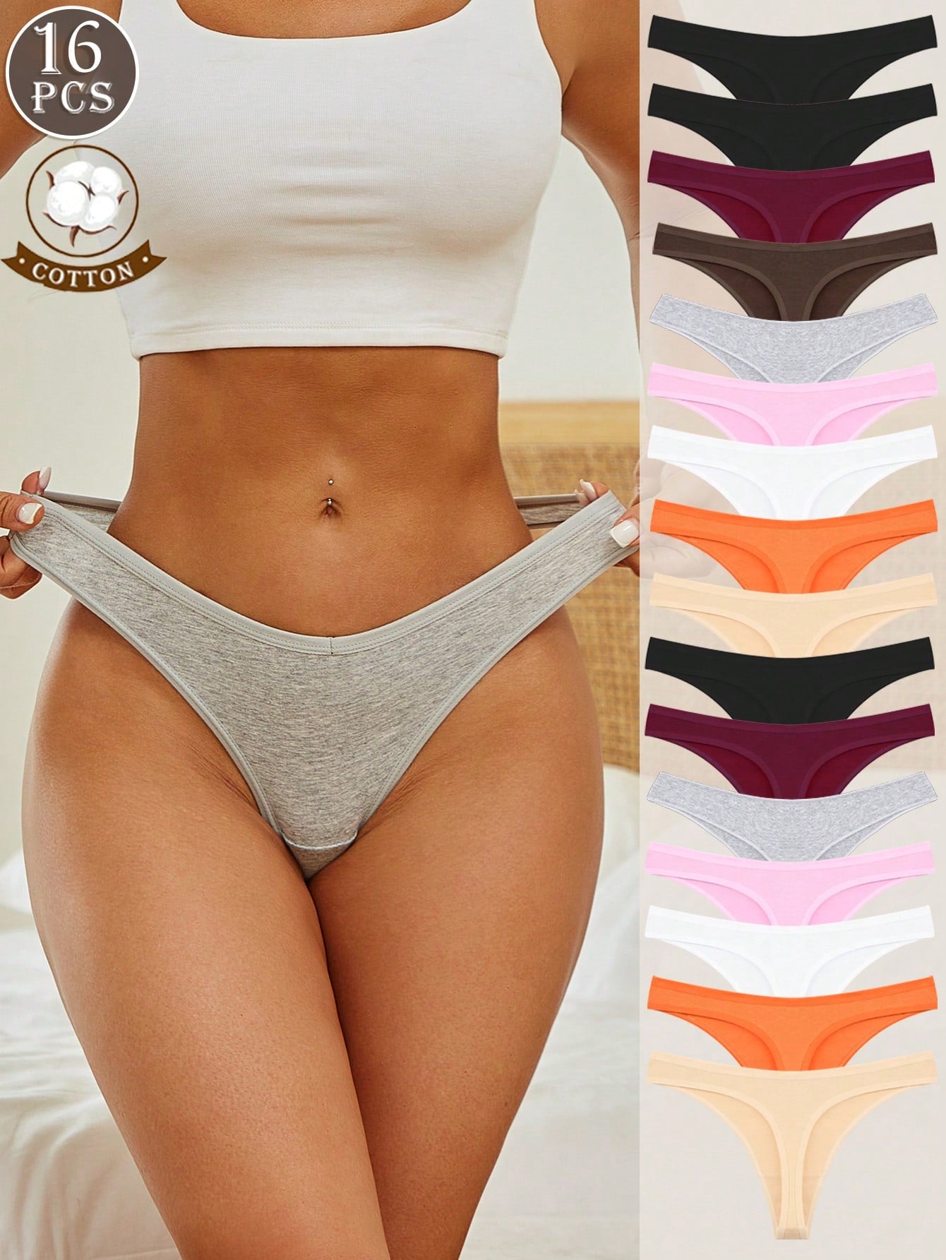 16-Pack Cotton Thong Panties | Low-Rise Breathable Comfortable Fit | Multicolor Everyday Set
