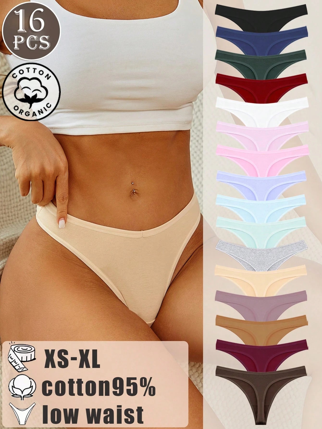16-Pack Cotton Thong Panties | Low-Rise Breathable Comfortable Fit | Multicolor Everyday Set