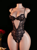 Women’s Black Lace Backless Bodysuit with Sheer Design and Bow Detail Lingerie