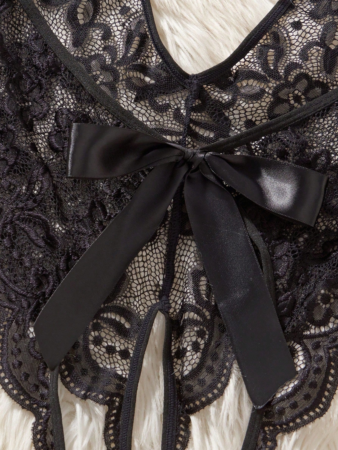 Women’s Black Lace Backless Bodysuit with Sheer Design and Bow Detail Lingerie