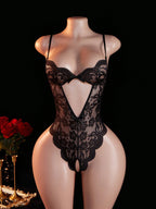 Women’s Black Lace Backless Bodysuit with Sheer Design and Bow Detail Lingerie