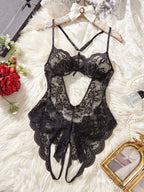 Women’s Black Lace Backless Bodysuit with Sheer Design and Bow Detail Lingerie