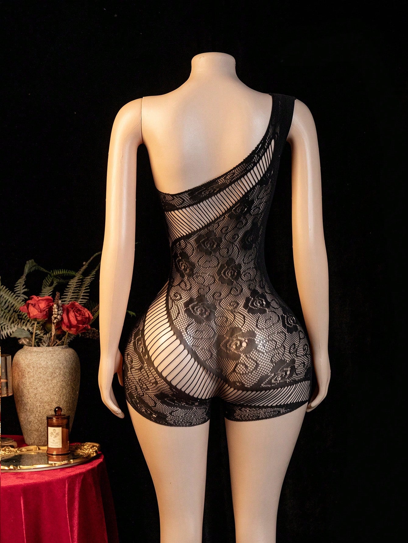 Women’s Sheer Mesh Jumpsuit with Floral Fishnet Design