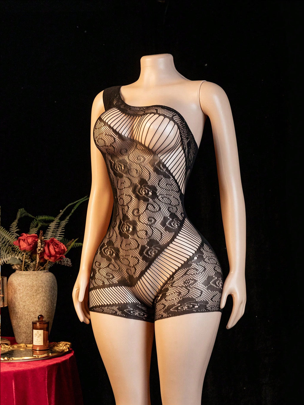 Women’s Sheer Mesh Jumpsuit with Floral Fishnet Design