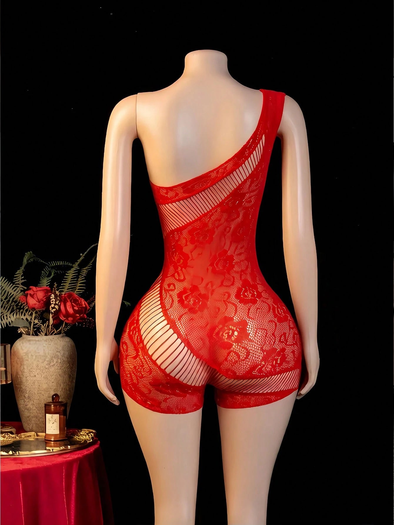 Women’s Sheer Mesh Jumpsuit with Floral Fishnet Design