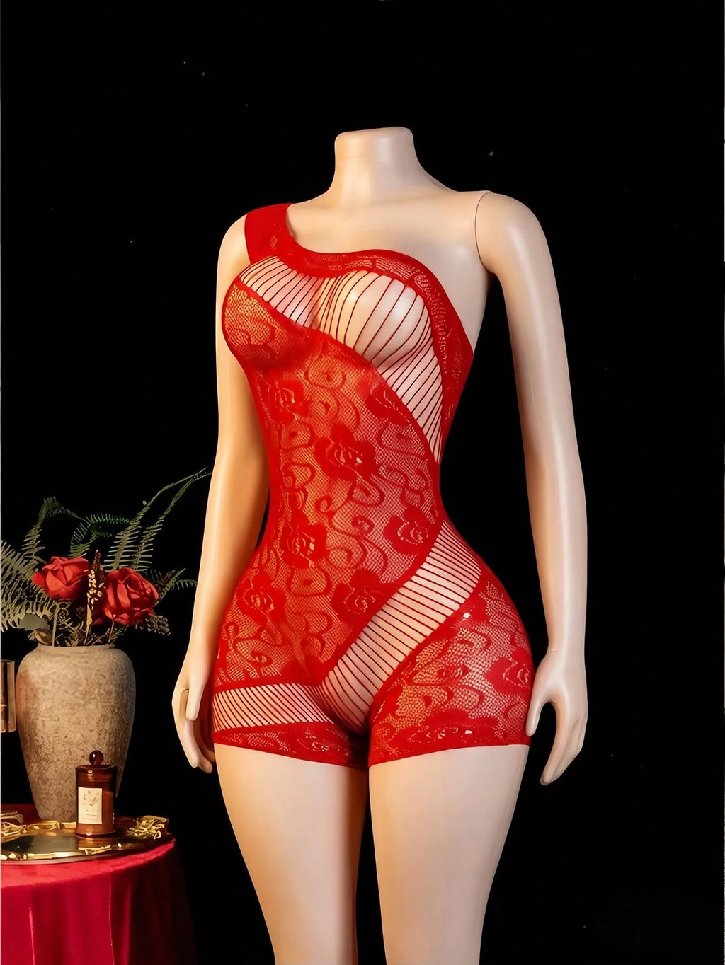 Women’s Sheer Mesh Jumpsuit with Floral Fishnet Design