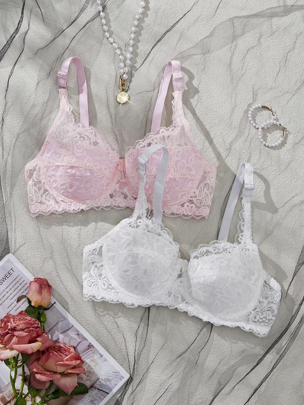 Women’s 2-Piece Floral Lace Underwire Bra Set | Sexy Sheer Lingerie Push-Up Bras