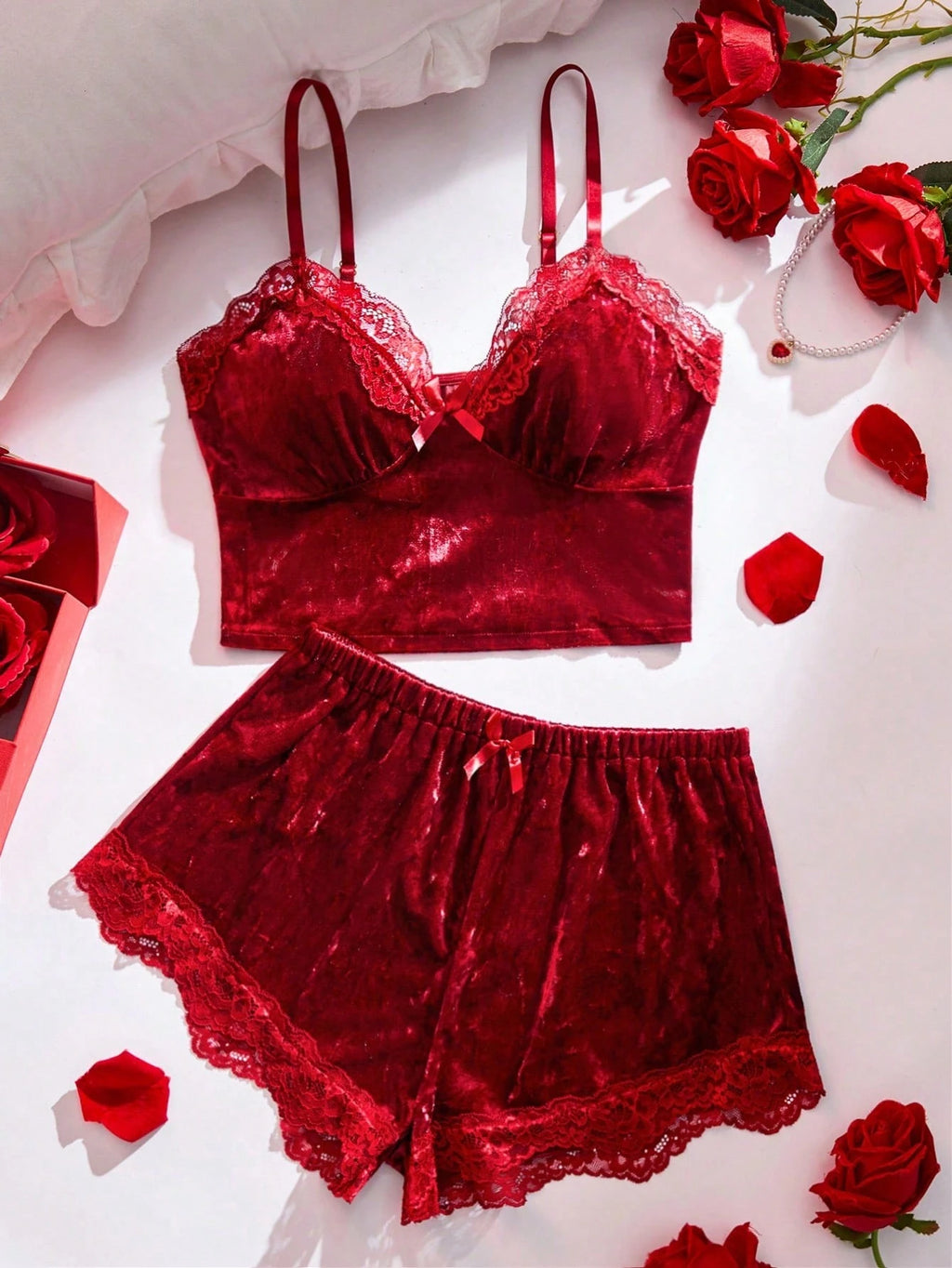 2-Piece Lace-Trim Cami Lounge Set | Solid V-Neck Sleepwear