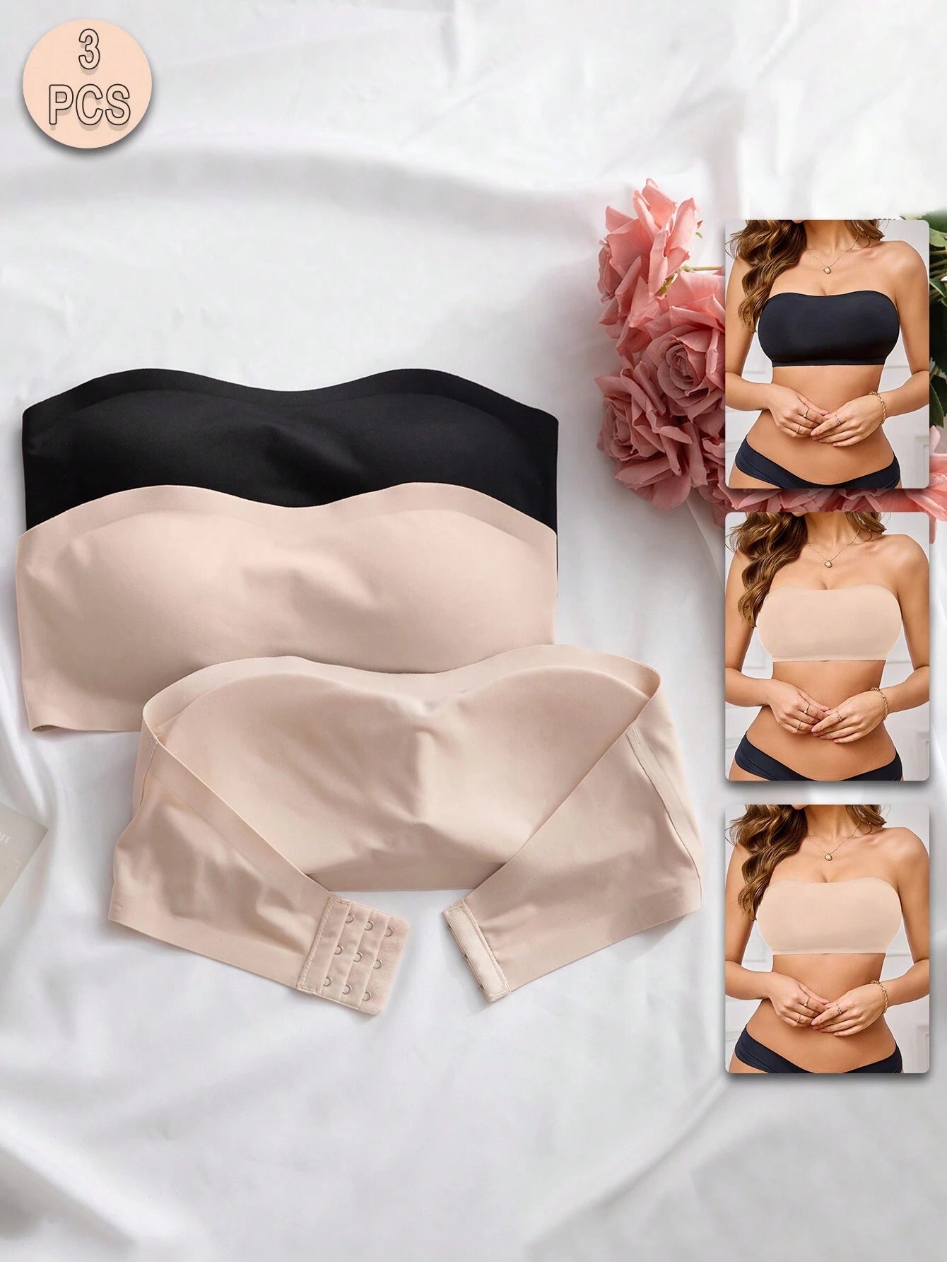 3-Pack Strapless Seamless Bras | Wireless Comfortable Fit | Multi-Color Everyday Wear