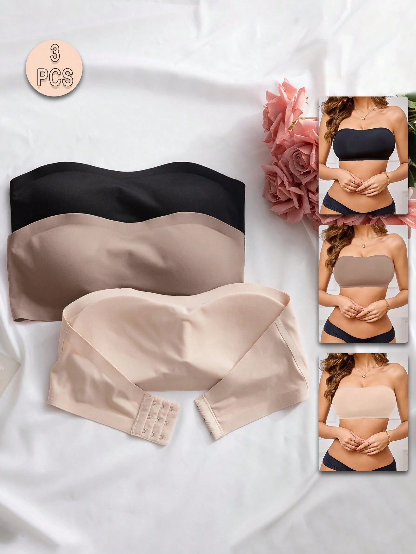 3-Pack Strapless Seamless Bras | Wireless Comfortable Fit | Multi-Color Everyday Wear