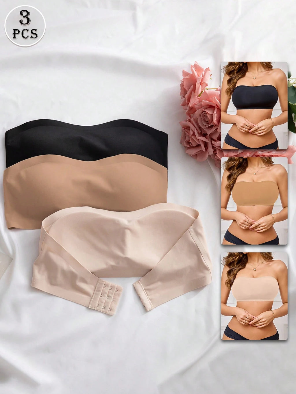 3-Pack Strapless Seamless Bras | Wireless Comfortable Fit | Multi-Color Everyday Wear