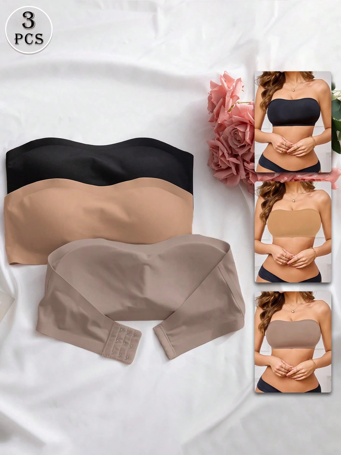 3-Pack Strapless Seamless Bras | Wireless Comfortable Fit | Multi-Color Everyday Wear