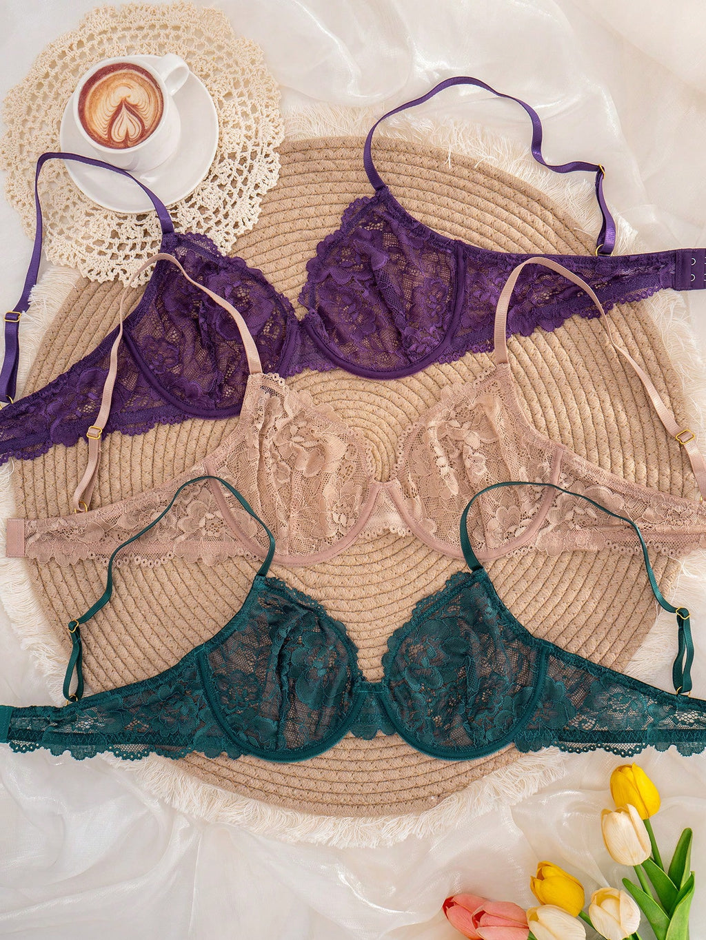Women’s 3-Piece Solid Color Lace Bra Set | Thin Cup Underwire Sexy Lingerie