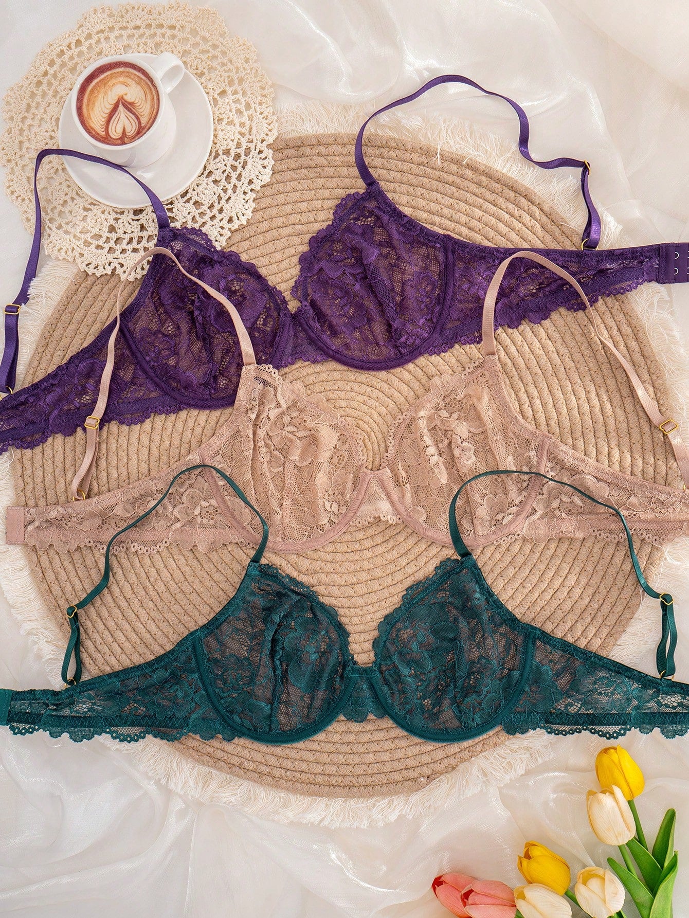 Women’s 3-Piece Solid Color Lace Bra Set | Thin Cup Underwire Sexy Lingerie