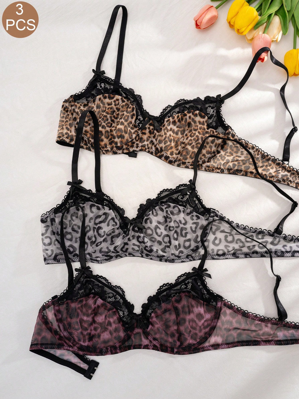 3PCS Lace & Leopard Print Padded Bras Set | Comfortable Stylish Lingerie Bra Pack