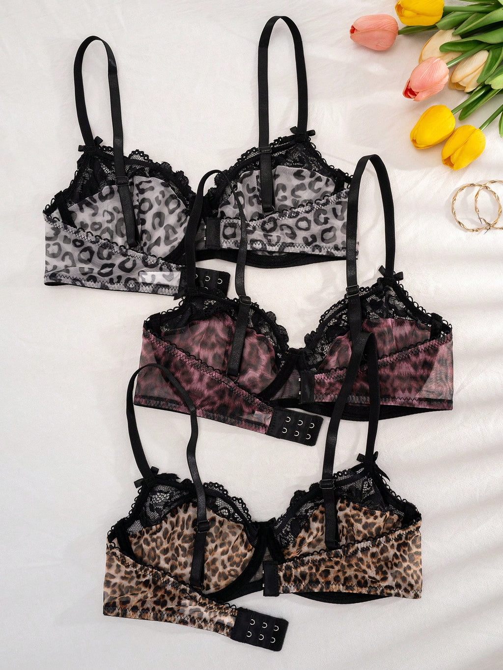 3PCS Lace & Leopard Print Padded Bras Set | Comfortable Stylish Lingerie Bra Pack