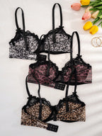 3PCS Lace & Leopard Print Padded Bras Set | Comfortable Stylish Lingerie Bra Pack