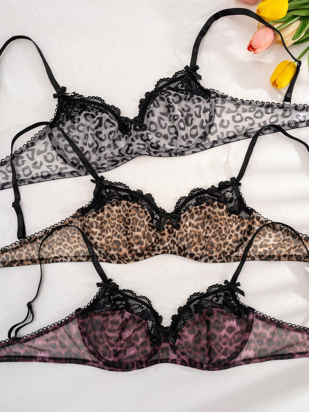 3PCS Lace & Leopard Print Padded Bras Set | Comfortable Stylish Lingerie Bra Pack