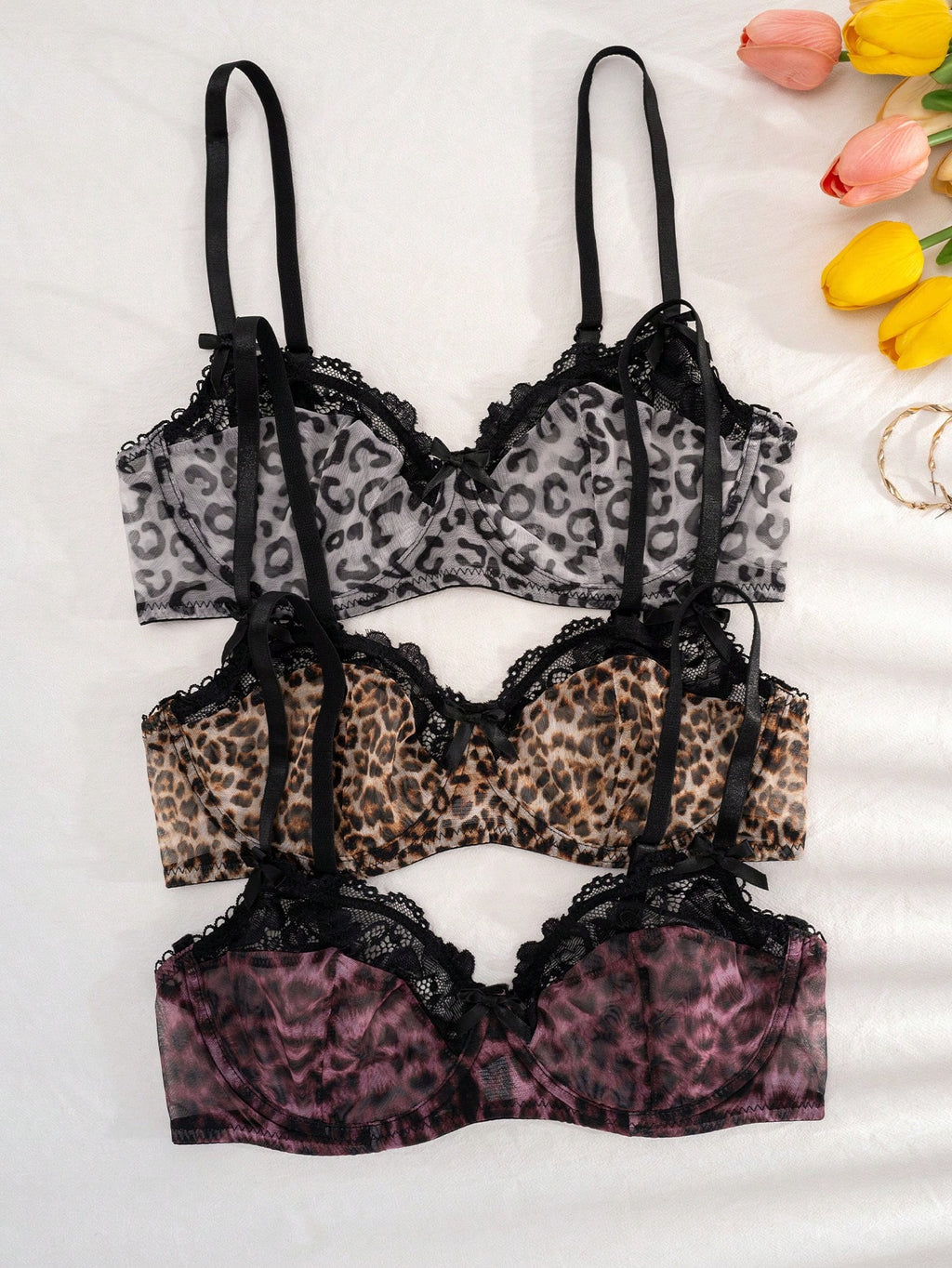 3PCS Lace & Leopard Print Padded Bras Set | Comfortable Stylish Lingerie Bra Pack