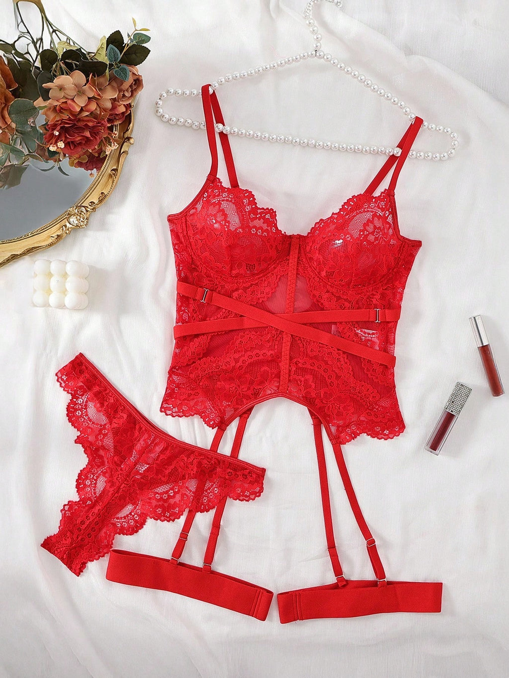 Women’s Lace Trim 4 Piece Lingerie Set, Chic Bra & Panty Outfit