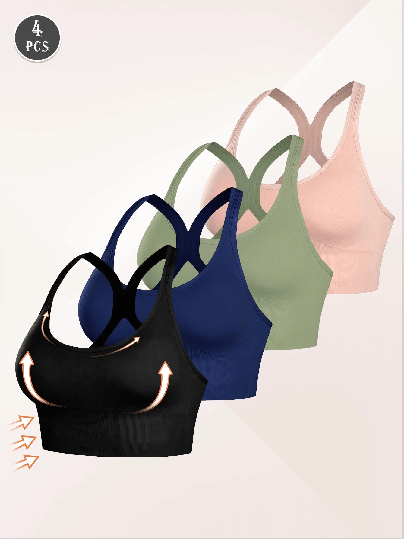 4PCS Seamless Sports Bras Set | Wireless Push-Up Shockproof Yoga & Workout Bra Tops with Pads