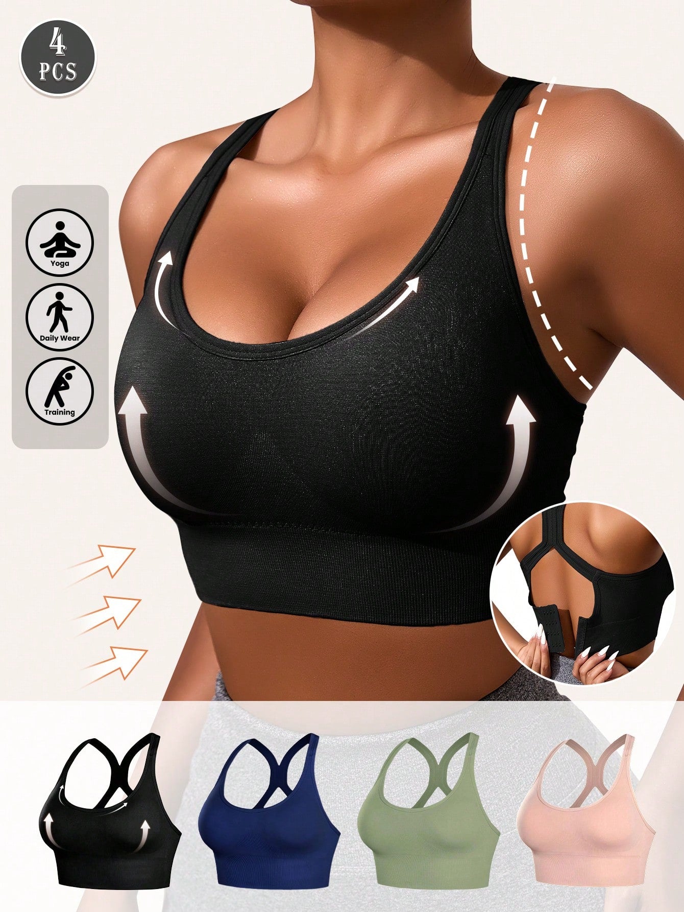 4PCS Seamless Sports Bras Set | Wireless Push-Up Shockproof Yoga & Workout Bra Tops with Pads