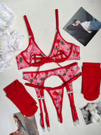Women’s Floral Lace Lingerie Set, 4 Piece Underwire Bra, Thong & Stockings