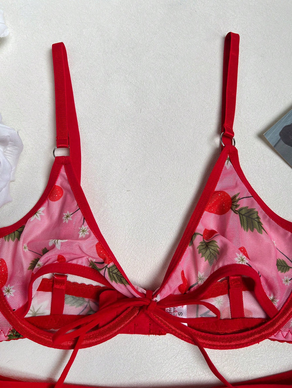 Women’s Floral Lace Lingerie Set, 4 Piece Underwire Bra, Thong & Stockings