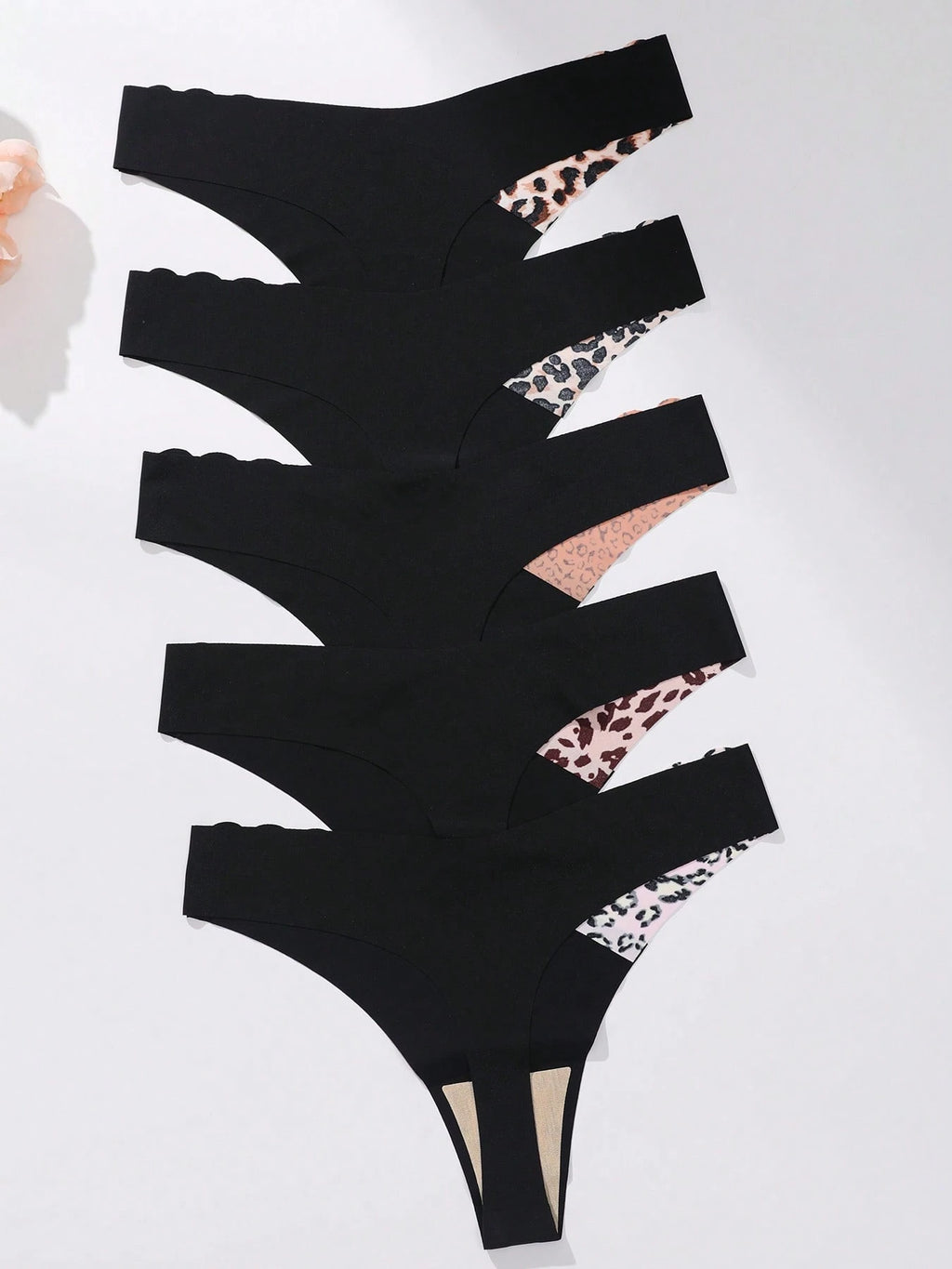 5-Pack Seamless Thong Panties | Scallop Edge Contrast Color | Leopard Print Soft Stretch Everyday Underwear