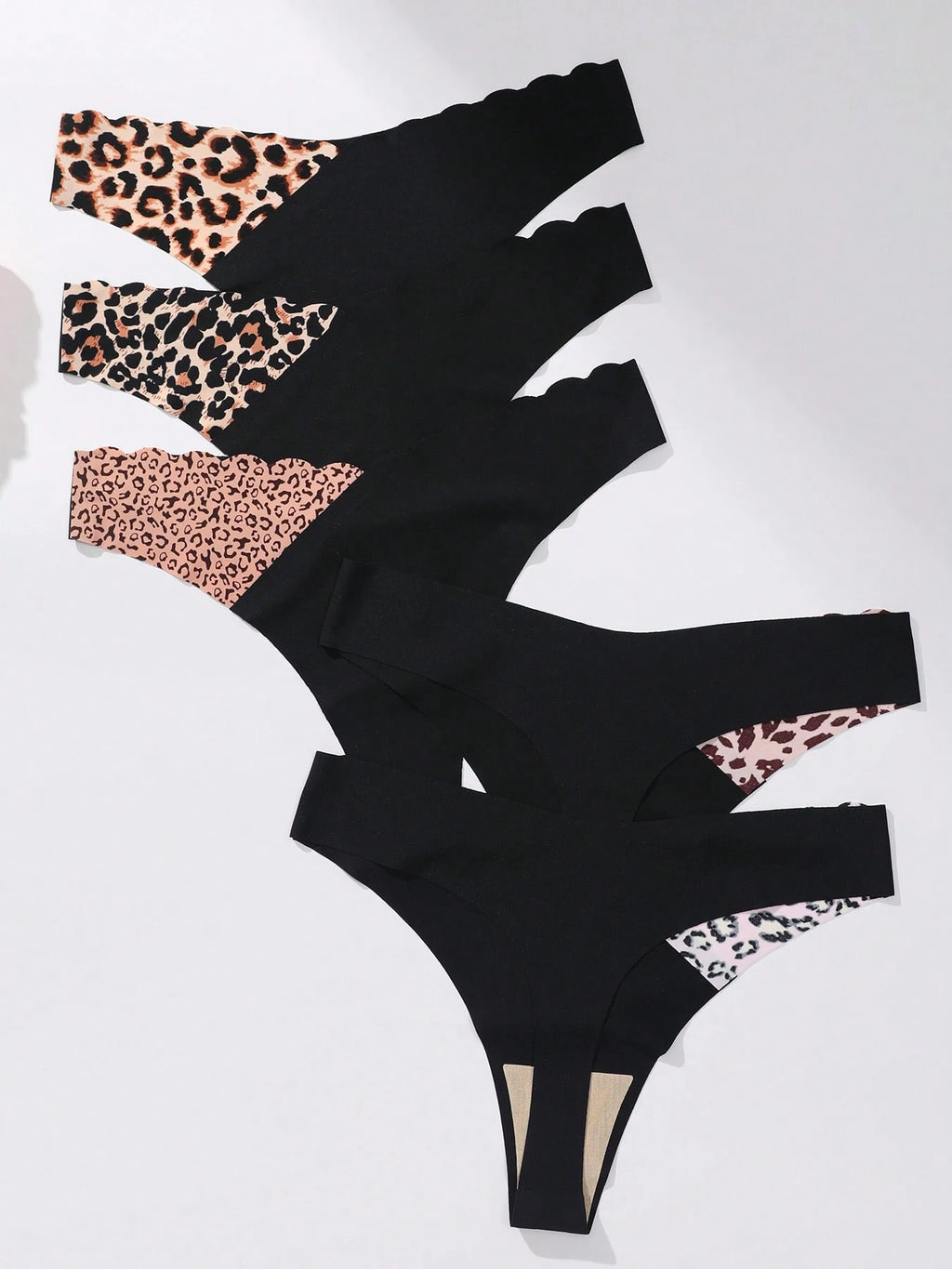 5-Pack Seamless Thong Panties | Scallop Edge Contrast Color | Leopard Print Soft Stretch Everyday Underwear