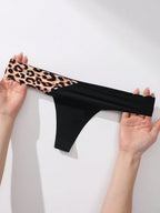 5-Pack Seamless Thong Panties | Scallop Edge Contrast Color | Leopard Print Soft Stretch Everyday Underwear