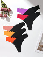 5-Pack Seamless Thong Panties | Scallop Edge Contrast Color | Leopard Print Soft Stretch Everyday Underwear
