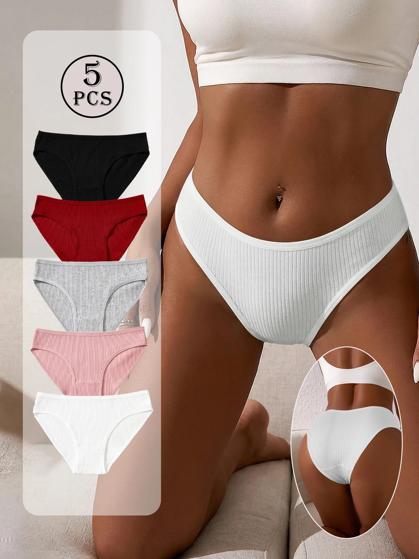 5-Pack Ribbed Brief Panties | Low-Rise Stretch Comfort | Letter Design Everyday Underwear