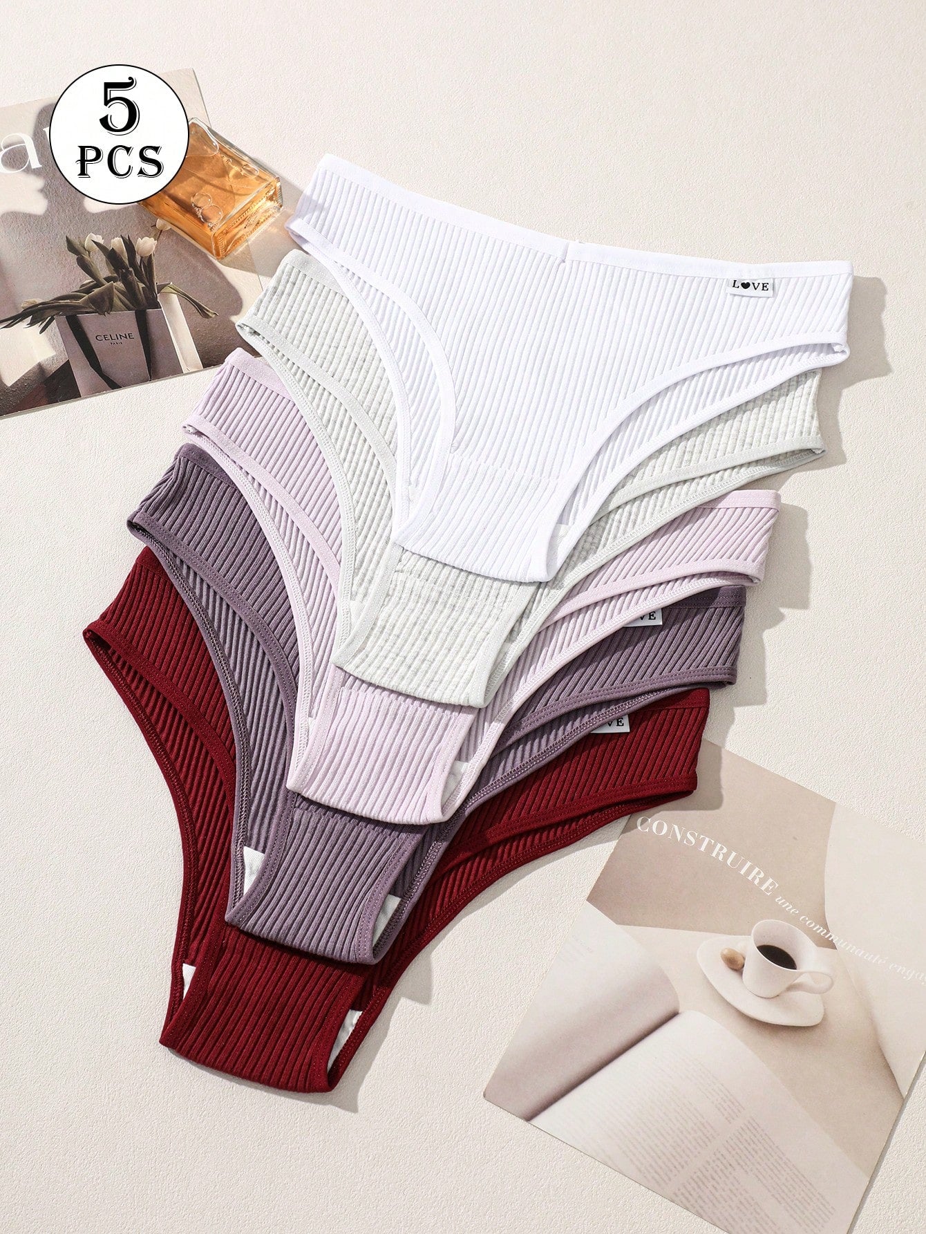 5-Pack Ribbed Brief Panties | Low-Rise Stretch Comfort | Letter Design Everyday Underwear