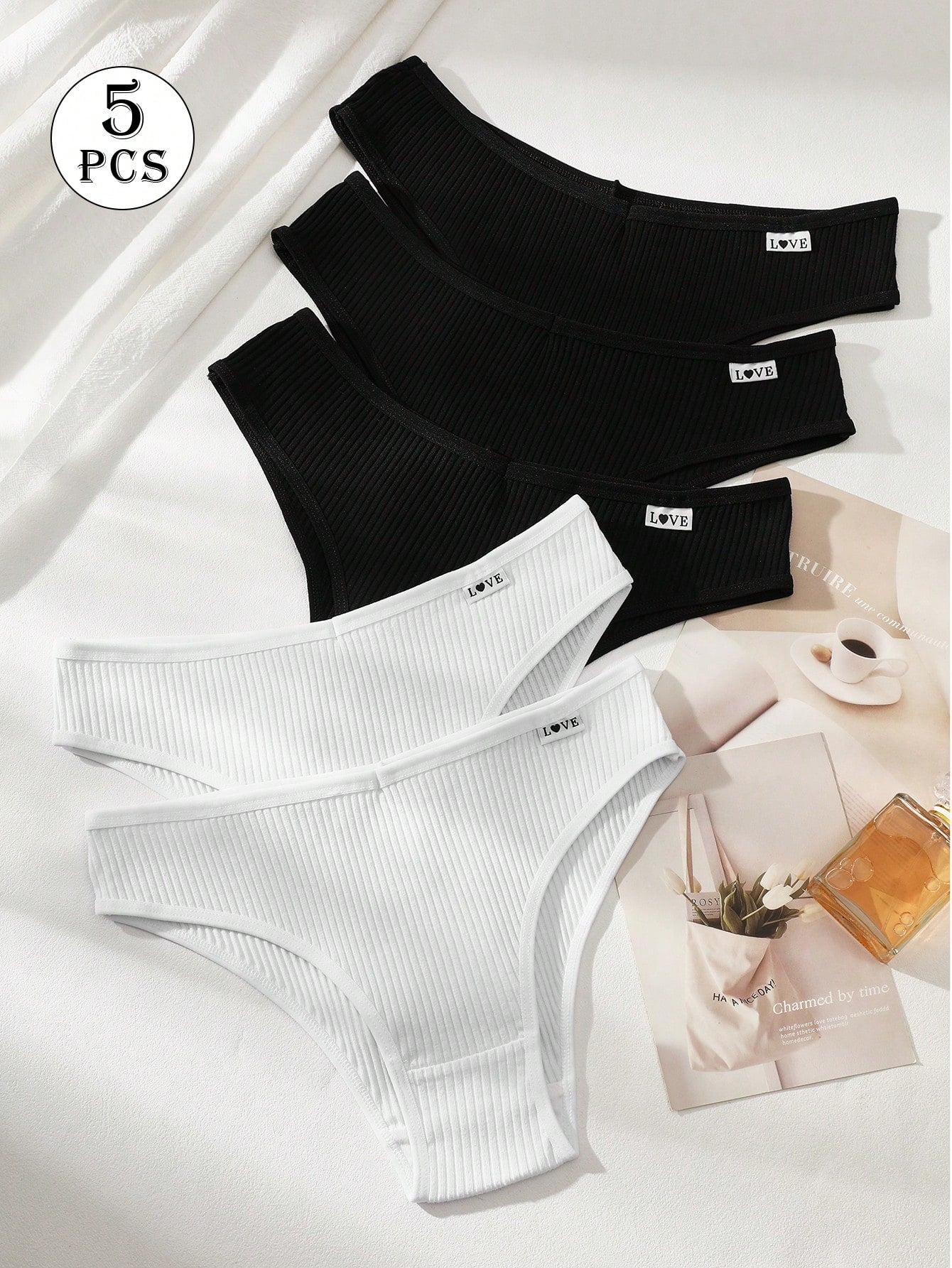 5-Pack Ribbed Brief Panties | Low-Rise Stretch Comfort | Letter Design Everyday Underwear