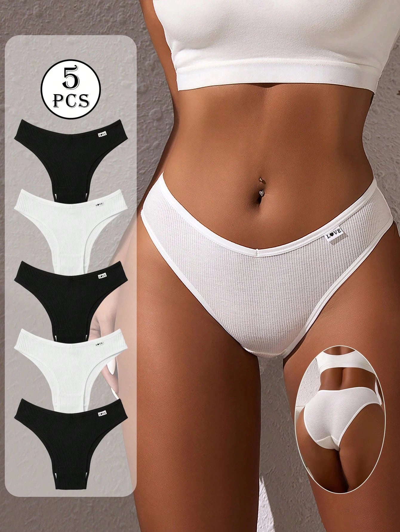 5-Pack Ribbed Brief Panties | Low-Rise Stretch Comfort | Letter Design Everyday Underwear