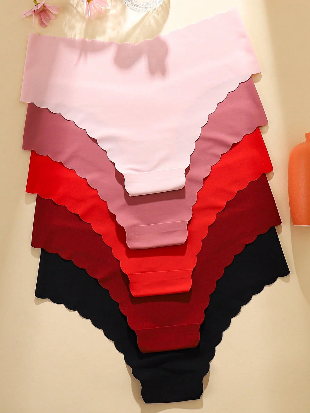 5-Pack Seamless Panties | Wavy Hem Soft Stretch Comfort | Red & Black Everyday Underwear