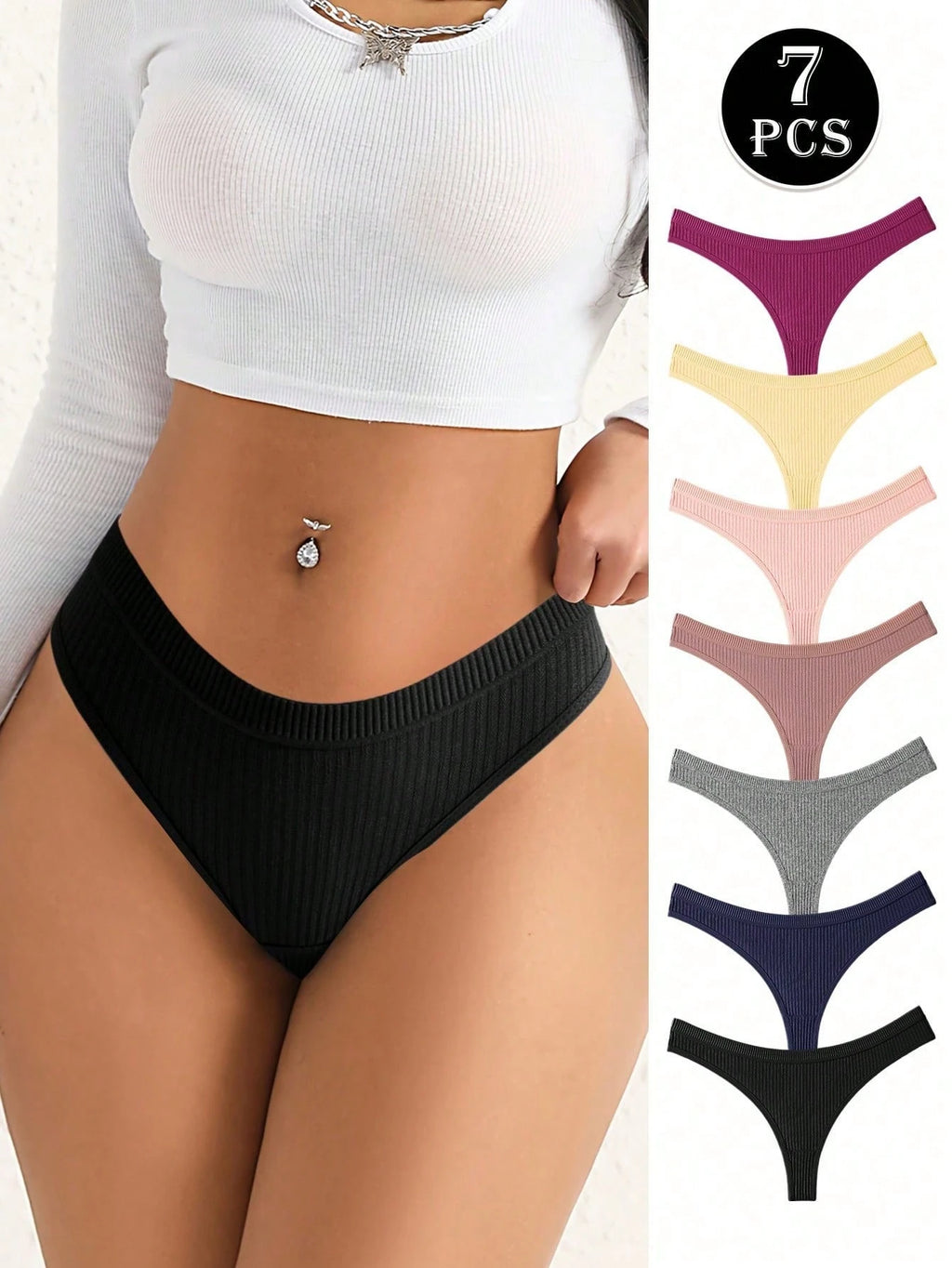7-Pack Ribbed Cotton Thong Panties | Low-Rise Stretch Comfortable Fit | Multicolor Everyday Wear