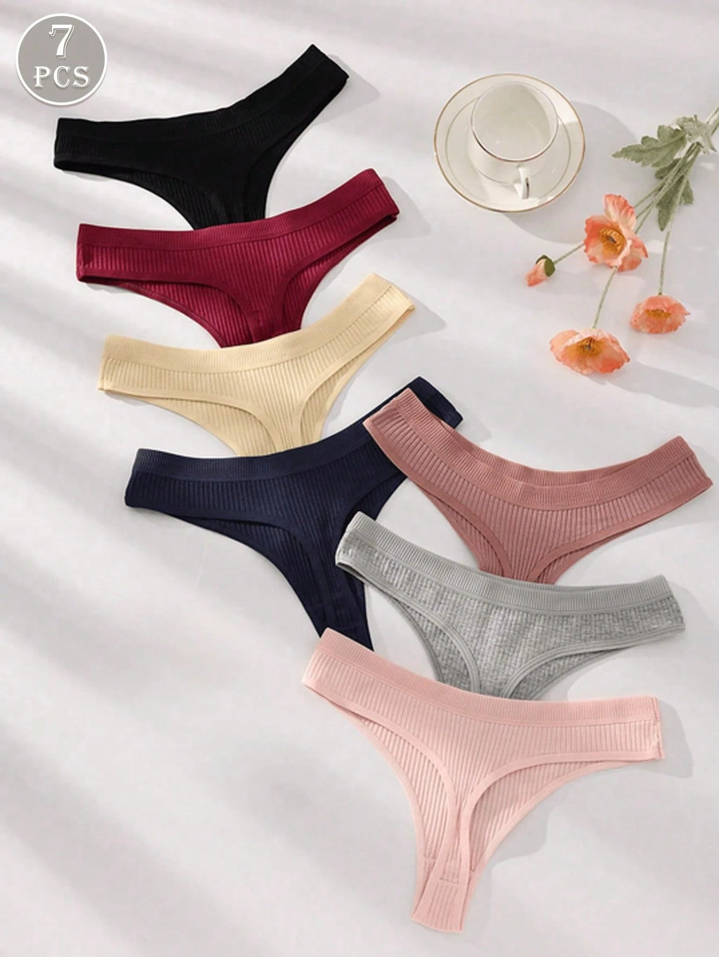 7-Pack Ribbed Cotton Thong Panties | Low-Rise Stretch Comfortable Fit | Multicolor Everyday Wear