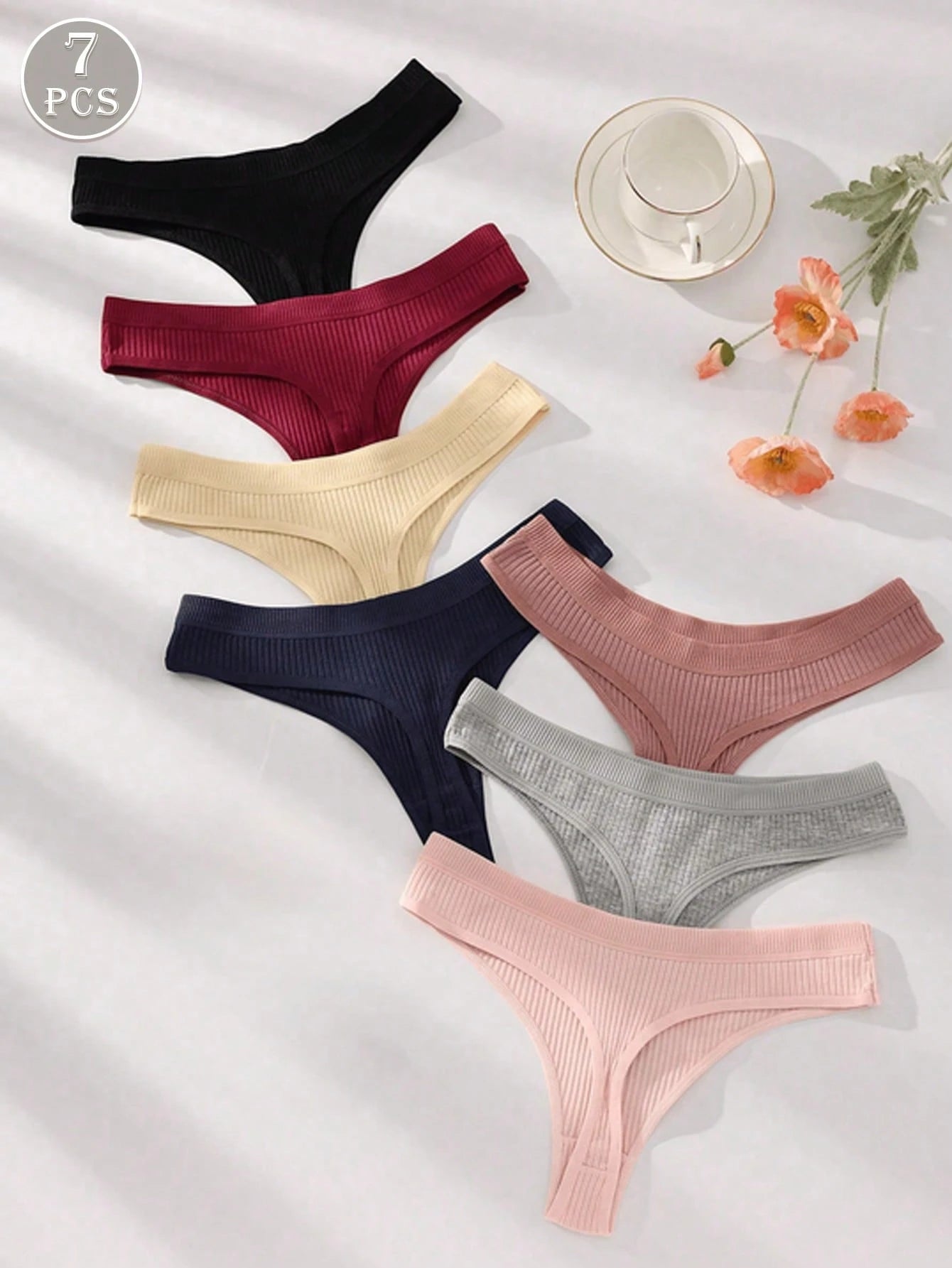 7-Pack Ribbed Cotton Thong Panties | Low-Rise Stretch Comfortable Fit | Multicolor Everyday Wear