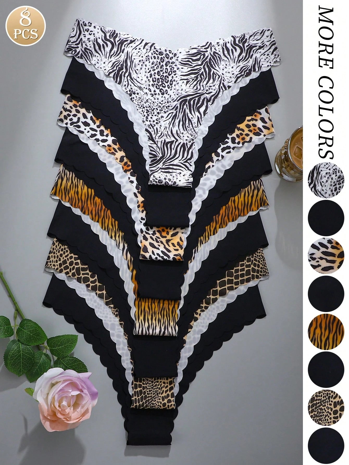 8-Pack Seamless Triangle Panties | Wavy Trim Leopard & Solid Colors | Soft Comfortable Everyday Underwear