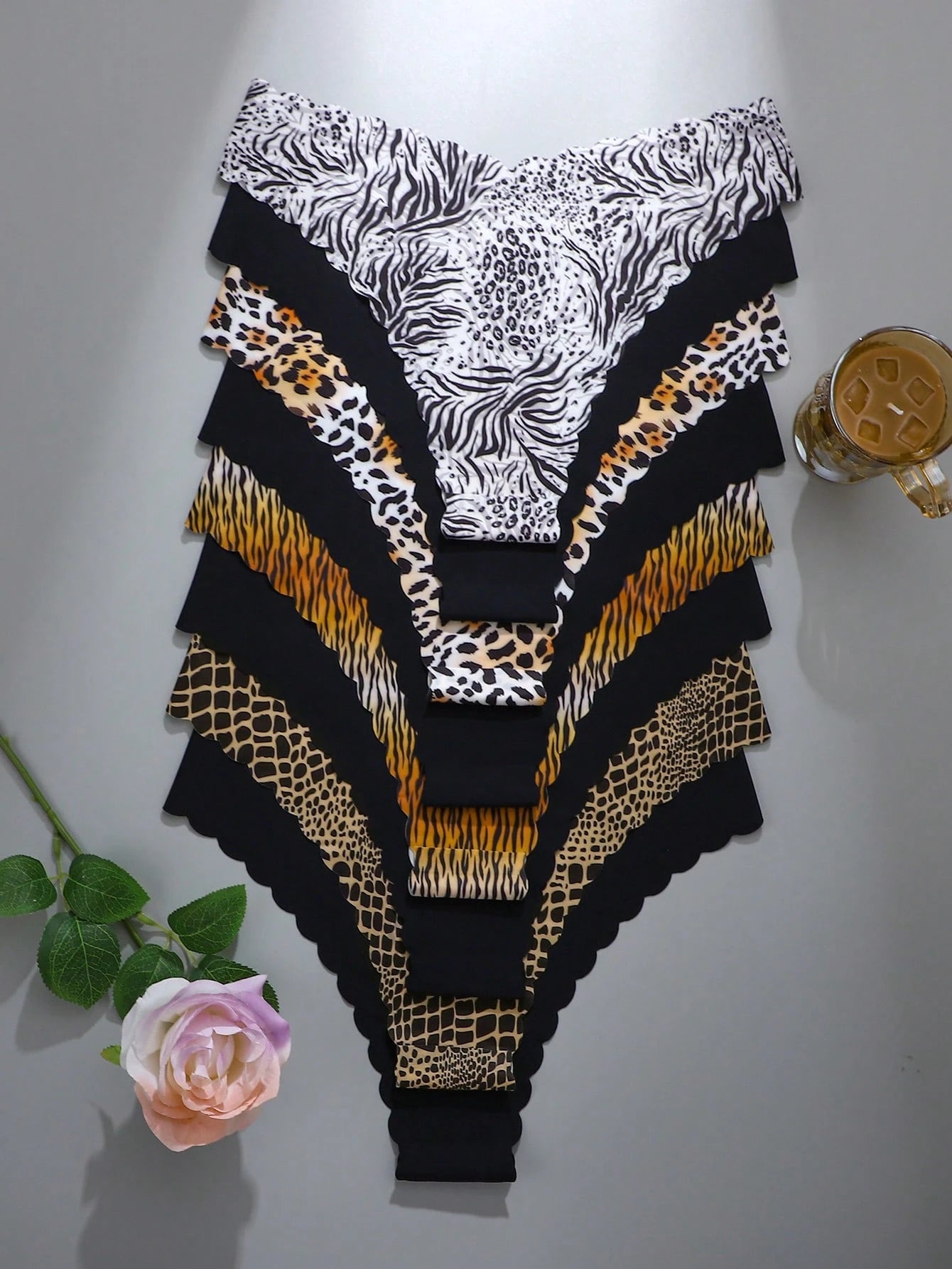 8-Pack Seamless Triangle Panties | Wavy Trim Leopard & Solid Colors | Soft Comfortable Everyday Underwear