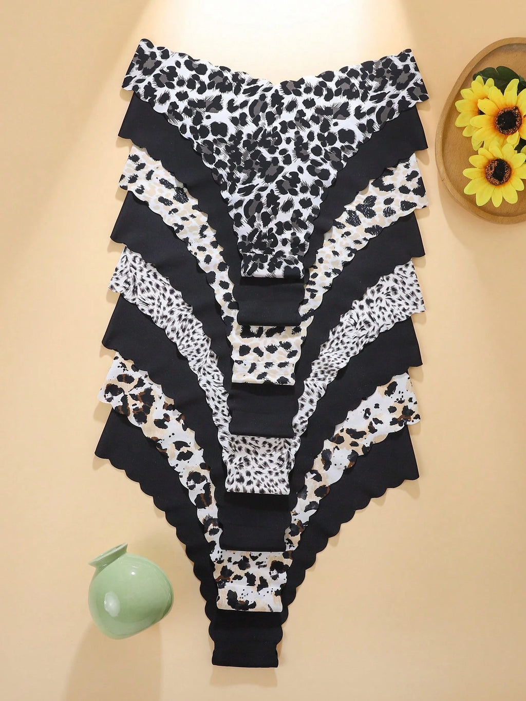 8-Pack Seamless Triangle Panties | Wavy Trim Leopard & Solid Colors | Soft Comfortable Everyday Underwear